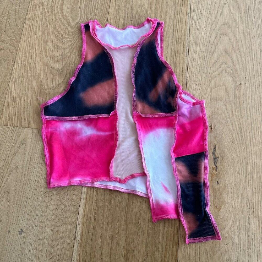 Asymmetrical Crop Top with Mesh Panel in Pink and Black